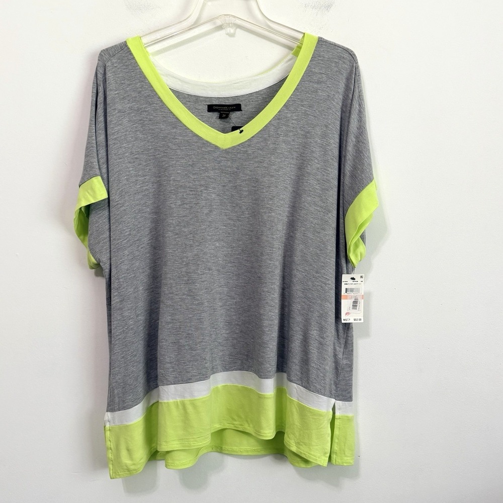 Donna Karan Pajama Top Plus 2X Tee Shirt Gray V Neck Short Sleeve Sleep NEW